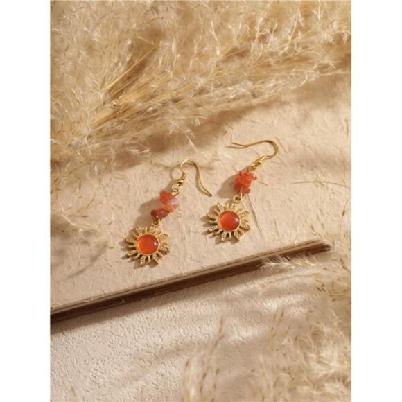 Boho Sunburst Earrings – Natural Stone Statement Earrings in Warm Orange - Picture 4 of 5
